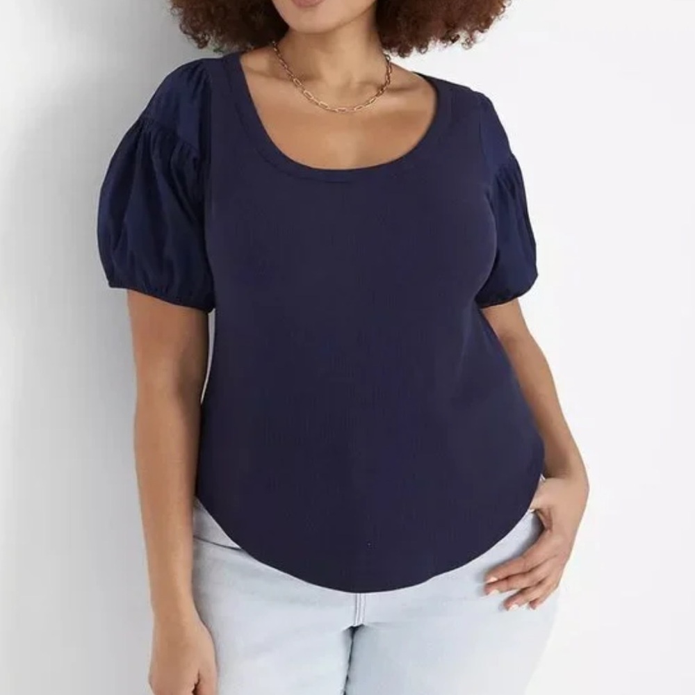 Lane Bryant ribbed top with puff sleeves navy blue 10/12 - Picture 1 of 11